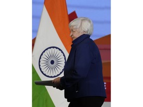 U.S. Treasury Secretary Janet Yellen arrives to address a press conference at the G-20 financial conclave on the outskirts of Bengaluru, India, Thursday, Feb. 23, 2023.