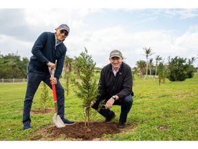Bacardi CEO Mahesh Madhavan and Chief Supply Chain Officer Dave Ingram plant a cedar sapling in Bermuda – part of the company's initiative to plant a tree for each of its employees to celebrate 161st anniversary.