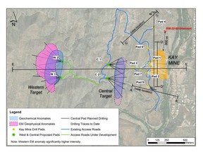 Figure 1. Road construction to pad W1 was completed in February 2023. Drilling of the Western Target (located 1,200m west of the Kay Mine Deposit) from pad W1 commenced on February 14th, 2023.