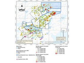 Figure 1: Adia's Lynx property showing the location of mapped pegmatites and Li-Cs-Rb in till samples from the Manitoba Geological Survey's regional till dataset4,5.