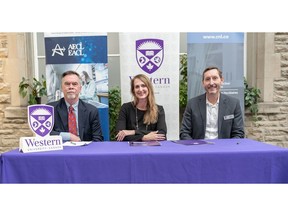 Dr. Jeff Griffin, CNL's Vice-President of Science and Technology; Dr. Amy Gottschling, Vice-President of Science, Technology & Commercial Oversight at AECL; and Bryan Neff, Vice-President of Research (Acting) at Western University, sign a Memorandum of Understanding (MOU) to pursue collaborative research in health and environmental sciences, clean energy and nuclear safety