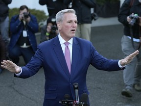 House Speaker Kevin McCarthy of Calif., talks with reporters outside the West Wing of the White House in Washington following his meeting with President Joe Biden, Wednesday, Feb. 1, 2023.