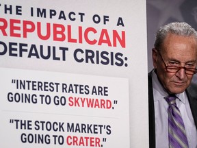 Senate Majority Leader Chuck Schumer (D-NY) attends a news conference in Washington, criticizing Republicans for what he called brinksmanship and irresponsibility over the debt ceiling. Politics is driving the U.S. to the cliff’s edge., writes Eric Miller.