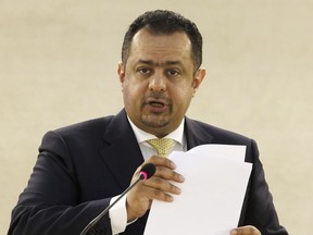Yemen's Prime minister Maeen Abdulmalik Saeed adresses his statement, during the opening of the High-Level Segment of the 52nd session of the Human Rights Council, at the European headquarters of the United Nations in Geneva, Switzerland, Monday, Feb. 27, 2023.
