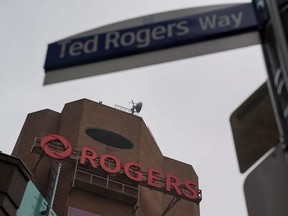 Rogers corporate head office and headquarters seen from Ted Rogers Way in Toronto on Monday, Oct. 25, 2021.