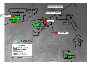 Arras' mineral exploration licenses in northeastern Kazakhstan, showing the newly granted licenses. Also shown is the location of Arras' exploration office in the city of Ekibastuz and the producing Bozshakol and Maikain mines.
