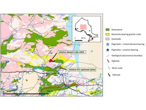 Location of the SLP project claims. Geological units from Ontario Geological Survey 2011. 1:250 000 scale bedrock geology of Ontario; Ontario Geological Survey, Miscellaneous Release--Data 126–Revision 1. Mineral occurrences from MNDM MDI mineral occurrence data
