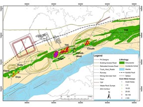 Geology map (sub-crop map) interpreted from geophysical data and drill logs of Twin Hills Gold Project (the Oryx, Kudu, Bulge, THC, Clouds West and Clouds mineral deposits) and prospective brownfields targets (Eland and Twin Hills East)