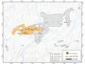 Figure 1 Alamos Gold and Manitou Gold Land Tenure Map