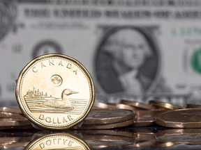 Loonie with U.S. dollar in background