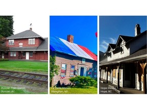 Winners of the Next Great Save Competition. Right to left: 1st Prize - Duncan Train Station, Duncan BC. 2nd Prize - La Vieille Maison, Meteghan, NS. 3rd Prize - Hope Station, Hope BC.