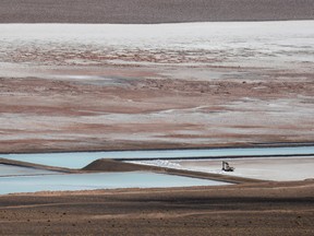 Brine pools used to extract lithium at the Salar del Rincon salt flat, in Salta, Argentina.