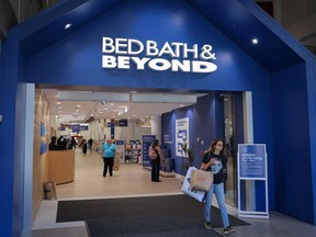 A person exits a Bed Bath & Beyond Inc. store in Manhattan, New York City.