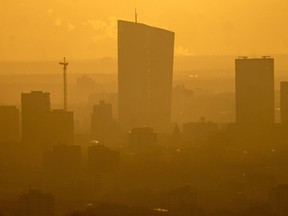 The European Central Bank, center, is pictured during sunrise in Frankfurt, Germany, Wednesday, Feb. 1, 2023. The ECB will have the meeting of the governing council on Thursday.