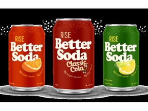 RISE Better Soda offered in three flavours: Orange, Classic Cola, and Lemon-Lime.