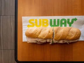A Subway sandwich outside a restaurant in Austin, Texas.