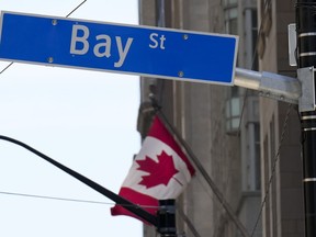 The Toronto Stock Exchange, TSX Venture Exchange, TSX Alpha Exchange and Montreal Exchange will be closed on Monday for Ontario's Family Day holiday. The Bay Street Financial District is shown with the Canadian flag in Toronto on Friday, August 5, 2022.