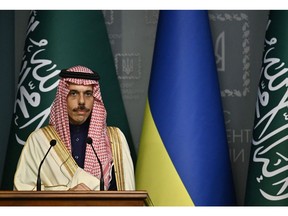 Prince Faisal bin Farhan Al-Saud attends joint press conference in Kyiv on February 26. Photographer: Genya Savilov/AFP/Getty Images