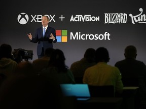 Microsoft President Brad Smith addresses a media conference regarding Microsoft's acquisition of Activision Blizzard and the future of gaming in Brussels, Tuesday, Feb. 21, 2023.