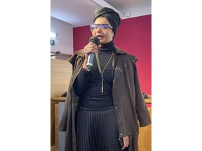 Fashion designer Stella Jean speaks at a press conference in Milan, northern Italy, Wednesday, Feb. 8, 2023. The only Black designer belonging to Italy's fashion council is withdrawing from this month's Milan Fashion Week citing a lack of commitment to diversity and inclusion.