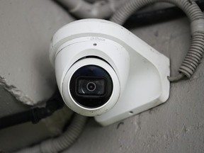 This shows a Chinese Dahua brand security camera in Sydney, Australia, Thursday, Feb. 9, 2023. Australia's Defense Department said Thursday that they will remove surveillance cameras made by Chinese Communist Party-linked companies from its buildings.
