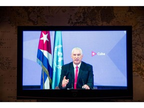 Miguel Diaz-Canel, président de Cuba, prend la parole lors de l'Assemblée générale des Nations Unies via une diffusion en direct à New York, aux États-Unis, le jeudi 23 septembre 2021.