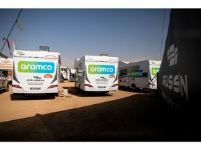 Sponsor vehicles for Saudi Aramco at the Dakar Rally in Riyadh. Photographer: Tasneem Alsultan/Bloomberg