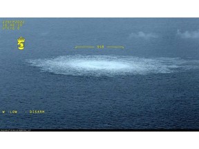 AT SEA - SEPTEMBER 27: In this Handout Photo provided by Swedish Coast Guard, the release of gas emanating from a leak on the Nord Stream 2 gas pipeline in the Baltic Sea on September 27, 2022 in At Sea. A fourth leak has been detected in the undersea gas pipelines linking Russia to Europe, after explosions were reported earlier this week in suspected sabotage.