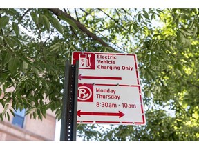 An electric-vehicle charging sign near West 84th Street in New York. The US is aiming to have 500,000 chargers by 2030.