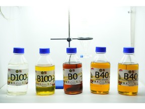 Various sample fuels used in road test of 40% palm-based biodiesel in Central Java, Indonesia.