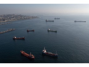 ISTANBUL, TURKEY - NOVEMBER 02: Ships, including those carrying grain from Ukraine and awaiting inspections, are seen anchored off the Istanbul coastline on November 02, 2022 in Istanbul, Turkey. Russia suspended its participation in the U.N backed Black Sea Grain Initiative last week stating "it could not guarantee the safety of civilian ships" after an attack on Russia's Black Sea fleet.