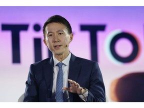 Shou Zi Chew, chief executive officer of TikTok Inc., speaks during the Bloomberg New Economy Forum in Singapore, on Wednesday, Nov. 16, 2022. The New Economy Forum is being organized by Bloomberg Media Group, a division of Bloomberg LP, the parent company of Bloomberg News.