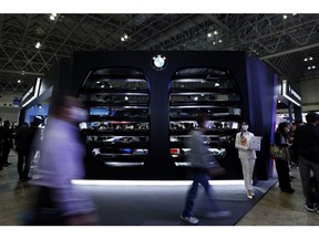 The BMW Corp. booth features a BMW front grille design at the Tokyo Auto Salon in Chiba, Japan, on Friday, Jan. 13, 2023. The annual event at Makuhari Messe convention center runs through Jan. 15.