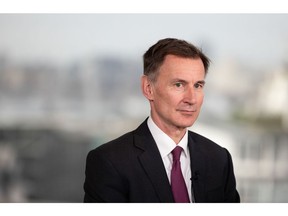 Jeremy Hunt, UK chancellor of the exchequer, during a Bloomberg Television interview in London, UK, on Friday, Jan. 27, 2023. Hunt dismissed calls for tax cuts, warning that "sound money must come first" as he argued that Brexit will drive economic growth.
