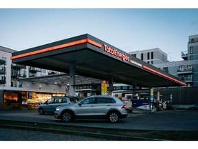 Motorists refuel at a TotalEnergies SE gas station in Berlin, Germany, on Saturday, Feb. 4, 2023. Traders will be looking to key data on the German economy next week including January's preliminary inflation data and industrial production figures.