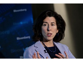 Gina Raimondo, US secretary of commerce, speaks during an interview in Washington, DC, US, on Thursday, March 2, 2023. Raimondo said the Biden administration is working with lawmakers to find ways to prevent data gathered by various Chinese social-media apps threatening national security.