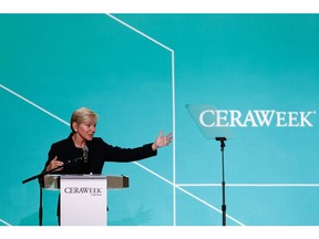 Jennifer Granholm, US secretary of energy, speaks during the 2023 CERAWeek by S&P Global conference in Houston, Texas, US, on Wednesday, March 8, 2023. The global energy industry is facing a welter of uncertainty and change -- driven by the effects of the global pandemic; shifting geopolitics and a war launched by one of the world's major energy powers; high energy prices; supply chain and infrastructure constraints; and economic instability.