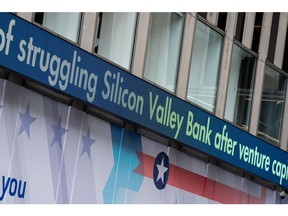 A Silicon Valley Bank shut down headline displayed on the News Corp. building in New York, US, on Friday, March 10, 2023. Silicon Valley Bank became the biggest US bank failure in more than a decade, after its long-established customer base of tech startups grew worried and yanked deposits.