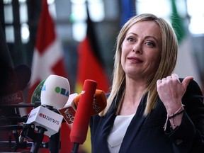 Giorgia Meloni, Italy's prime minister, speaks to the media on day two of the European Union (EU) leaders summit at the European Council headquarters in Brussels, Belgium, on Friday, March 24, 2023. The EU's military support for Ukraine featured among the key topics of discussion when the bloc's leaders gathered in Brussels.