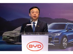 Wang Chuanfu, chairman and chief executive officer of BYD Co., speaks during a news conference in Hong Kong, China, on Wednesday, March 29, 2023. BYD's profit more than quintupled last year after the Chinese automaker sold a record number of electric vehicles and stepped up its battle with Tesla Inc. for market share.