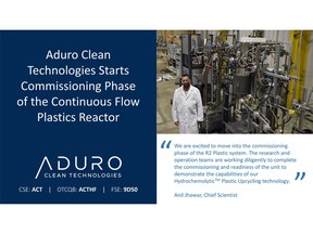 Aduro is excited to announce that it has started the commissioning phase of the pilot-scale HydrochemolyticTM continuous flow plastic reactor (R2Plastic). The HydrochemolyticTM Plastic Upcycling (HPU) technology converts waste chain growth polymers into new, valuable resources.