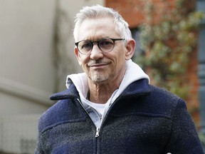 British soccer broadcaster Gary Lineker leaves his home, in London, Monday March 13, 2023. Lineker will return to airwaves after the BBC reversed the former soccer great's suspension on Monday following a post on Twitter that had criticized the British government's new asylum policy.