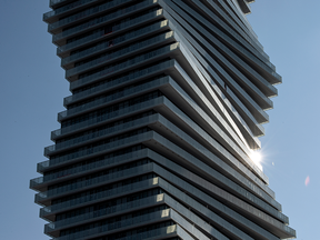 Balconies enclose a residential tower