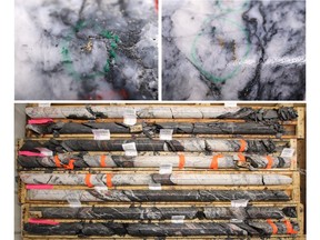 Figure 1: Photos of mineralization from:  Left: at ~18m in NFGC-23-1109, Right: at ~36.5m in NFGC-23-1100, Bottom: at ~34 - 43m in NFGC-23-1100. ^Note that these photos are not intended to be representative of gold mineralization in NFGC-23-1109 and NFGC-23-1100.