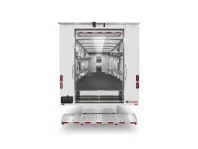 The Morgan Truck Body Class 4 Parcel Delivery EV Van features full-height walk-through capability and is designed for increased driver convenience and productivity.