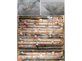 Figure 1: Photos of mineralization from: Left: at ~75m in NFGC-23-1120, Right: at ~64m in NFGC-23-1120, Bottom: at ~72.5m - 94m in NFGC-23-1120. ^Note that these photos are not intended to be representative of gold mineralization in NFGC-23-1120.