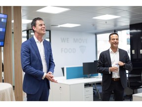Harld Peters, Lineage Logistics President of Europe, and Raúl Fores Valles, Regional Vice President of Southern Europe, deliver remarks at the opening of the company's new headquarters in Madrid.