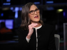 Cathie Wood speaks during an interview on CNBC on the floor of the New York Stock Exchange (NYSE) in New York City, Feb. 27, 2023.