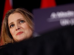 Finance Minister Chrystia Freeland at a news conference before delivering the federal budget in Ottawa.