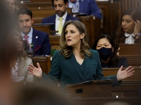 Finance Minister Chrystia Freeland presents the federal budget in the House of Commons, in Ottawa, on March 28.